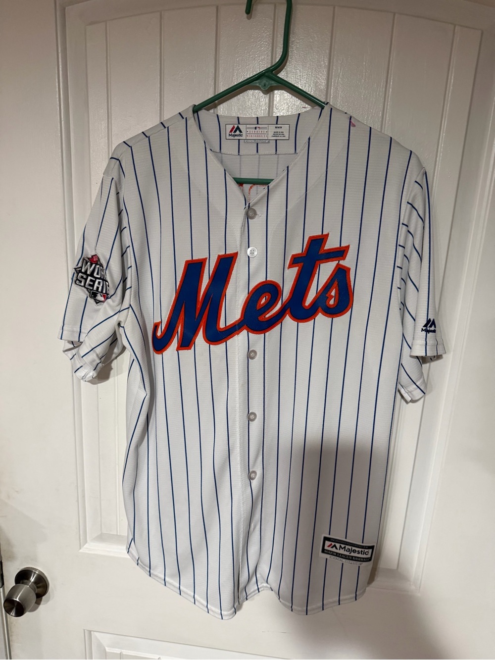 Majestic Mets White Matt Harvey Jersey with Blue Pinstripes and Orange Script